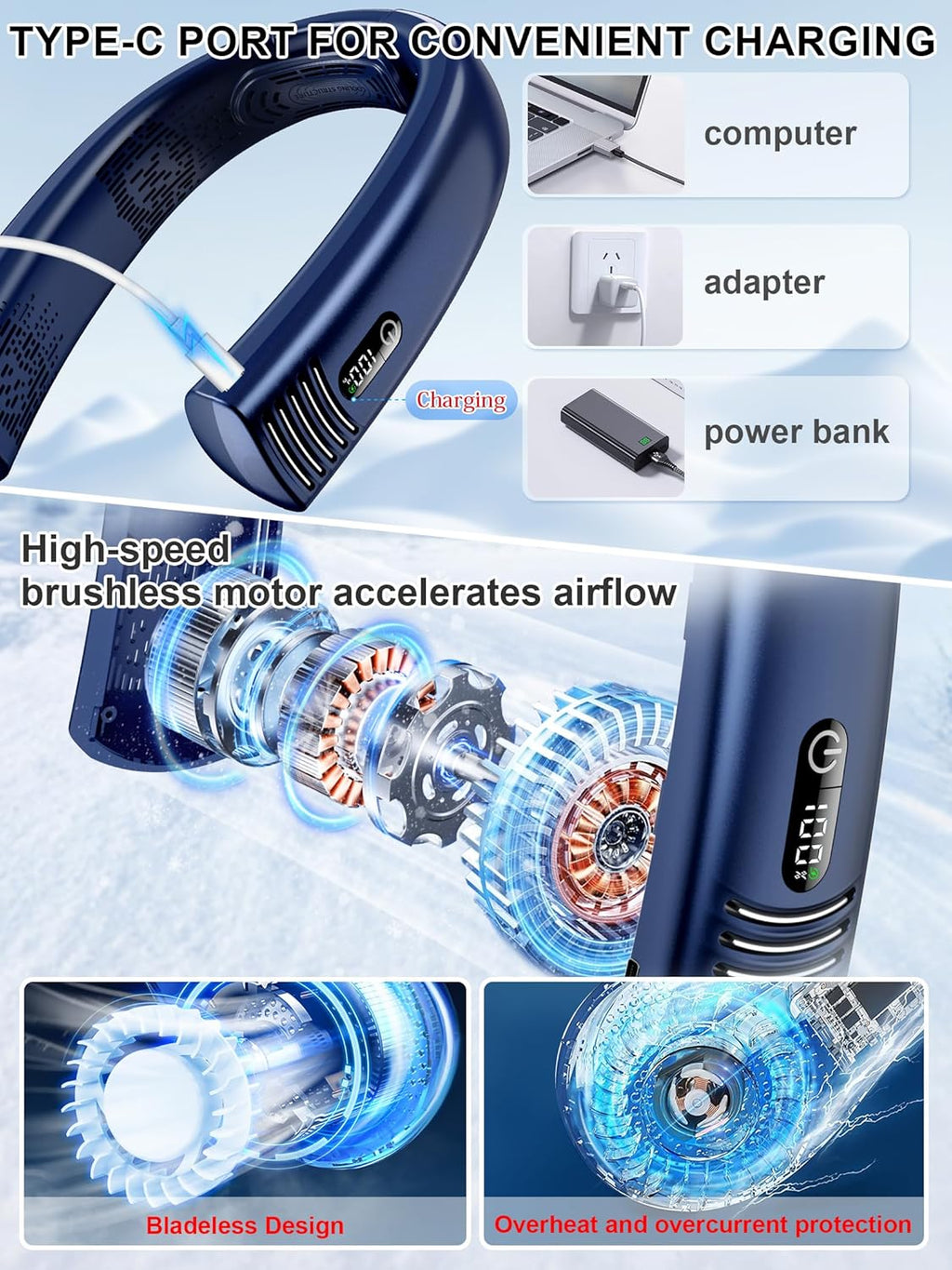 Portable Neck Fan Rechargeable 7000mAh, Bladeless 360° Airflow, Quiet Hands-Free Wearable Fan G136
