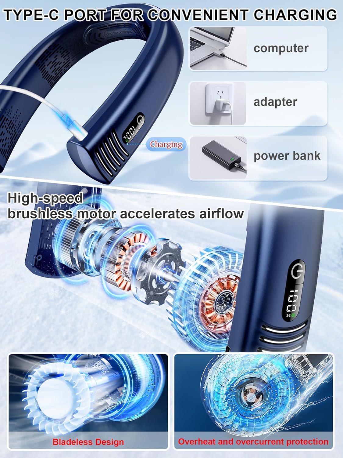 Portable Neck Fan Rechargeable 7000mAh, Bladeless 360° Airflow, Quiet Hands-Free Wearable Fan G136