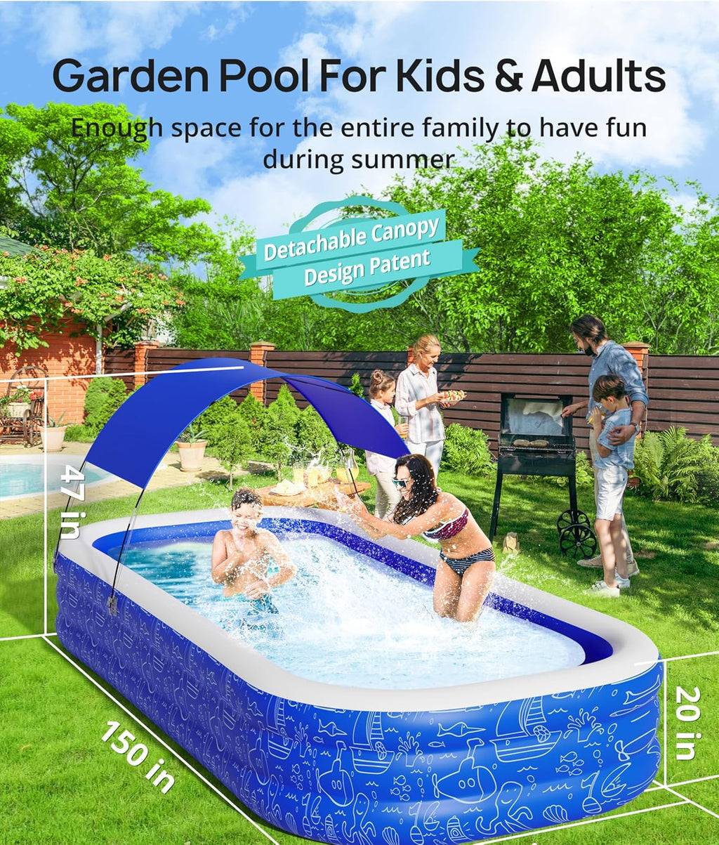 Inflatable Pool with Canopy for Kids and Adults, Outdoor Backyard Swimming Pool H883605
