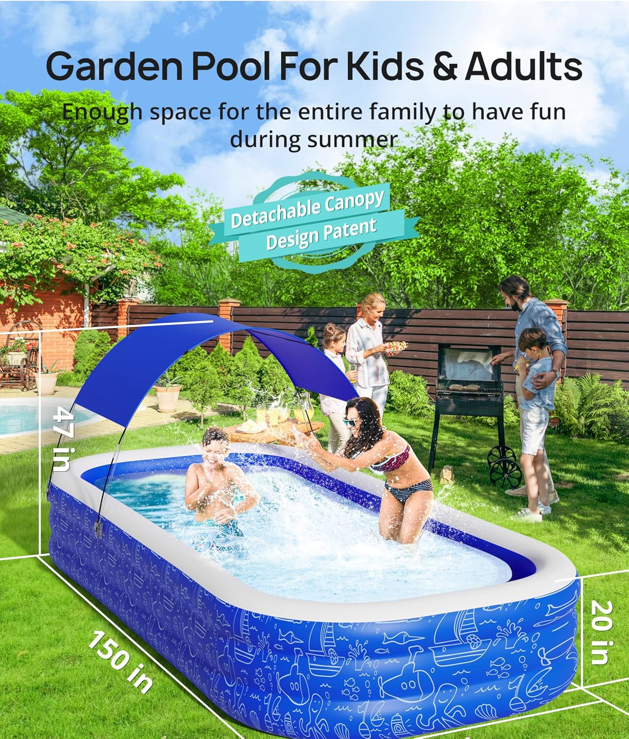 Inflatable Pool with Canopy for Kids and Adults, Outdoor Backyard Swimming Pool H883605