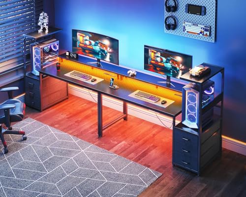 Gaming Desk with USB Charging Ports & LED Light, Reversible Computer Desk with Storage Shelves T781