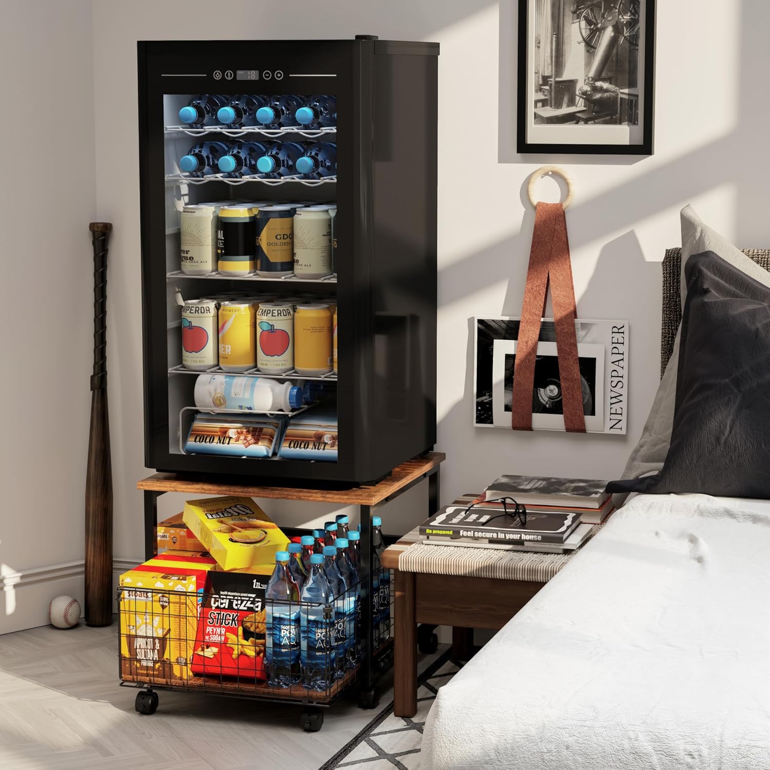 Mini Fridge Stand with Storage, 4 Lockable Wheels F67760