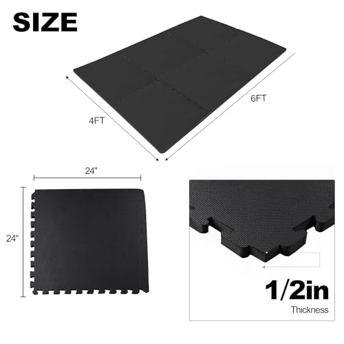 Interlocking Foam Gym Flooring Mat, 1 Inch Thick, 6 Tiles, Black C4472