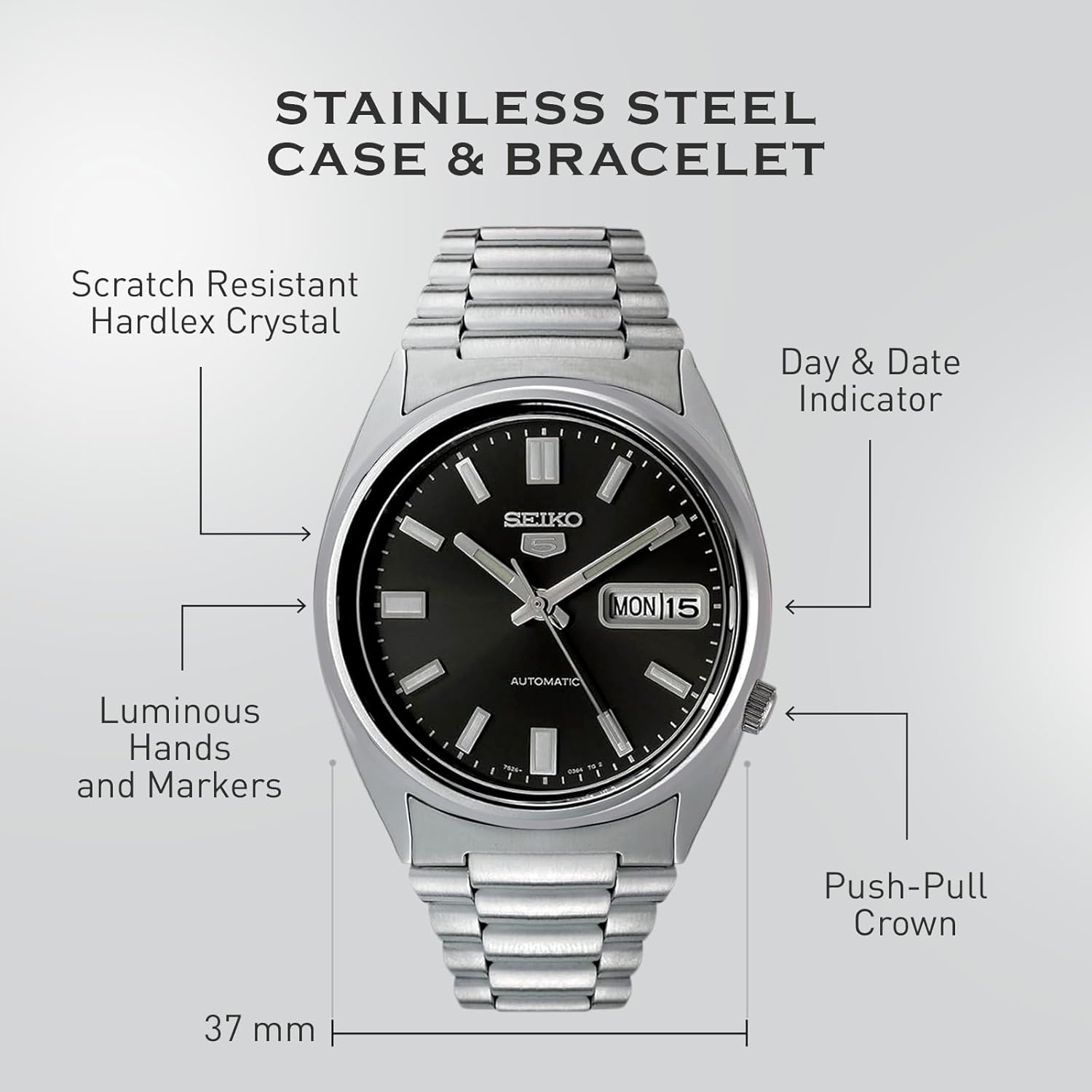 Automatic Watch for Men - Black Dial Silver Bracelet, Luminous Hands, Day/Date Calendar X326075