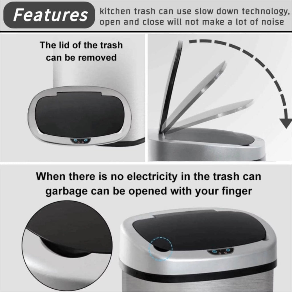 Kitchen Trash Can with Lid, 13 Gallon Stainless Steel, Motion Sensor, Silver Q1003