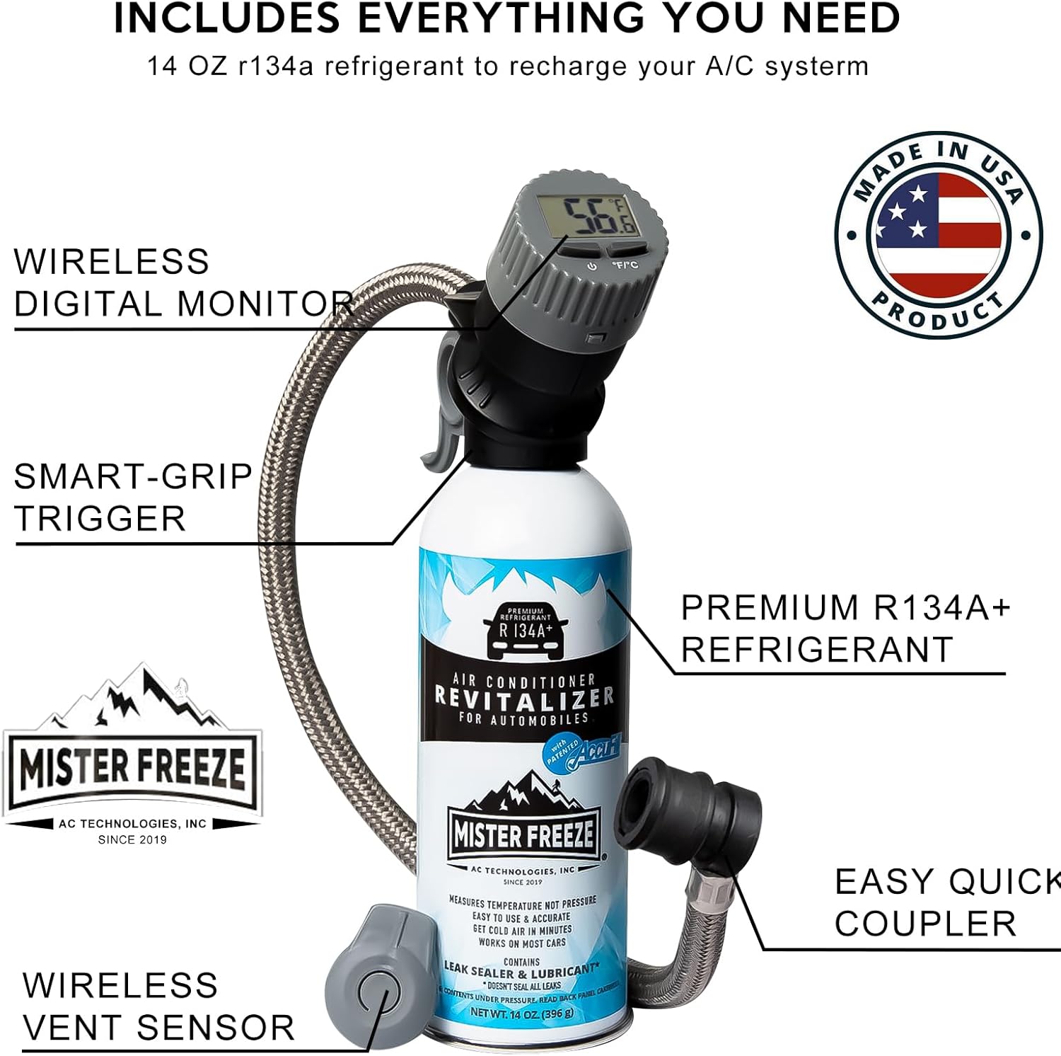 AC Refrigerant Recharge Kit with Wireless Digital Temperature Sensor, 14 oz D91068