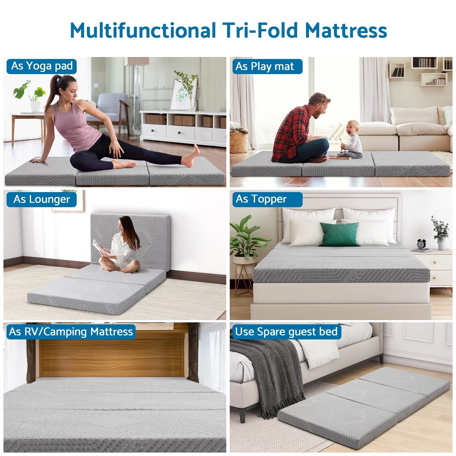 Tri Fold Memory Foam Mattress with Washable Cover for Floor, RV, Camping D324885