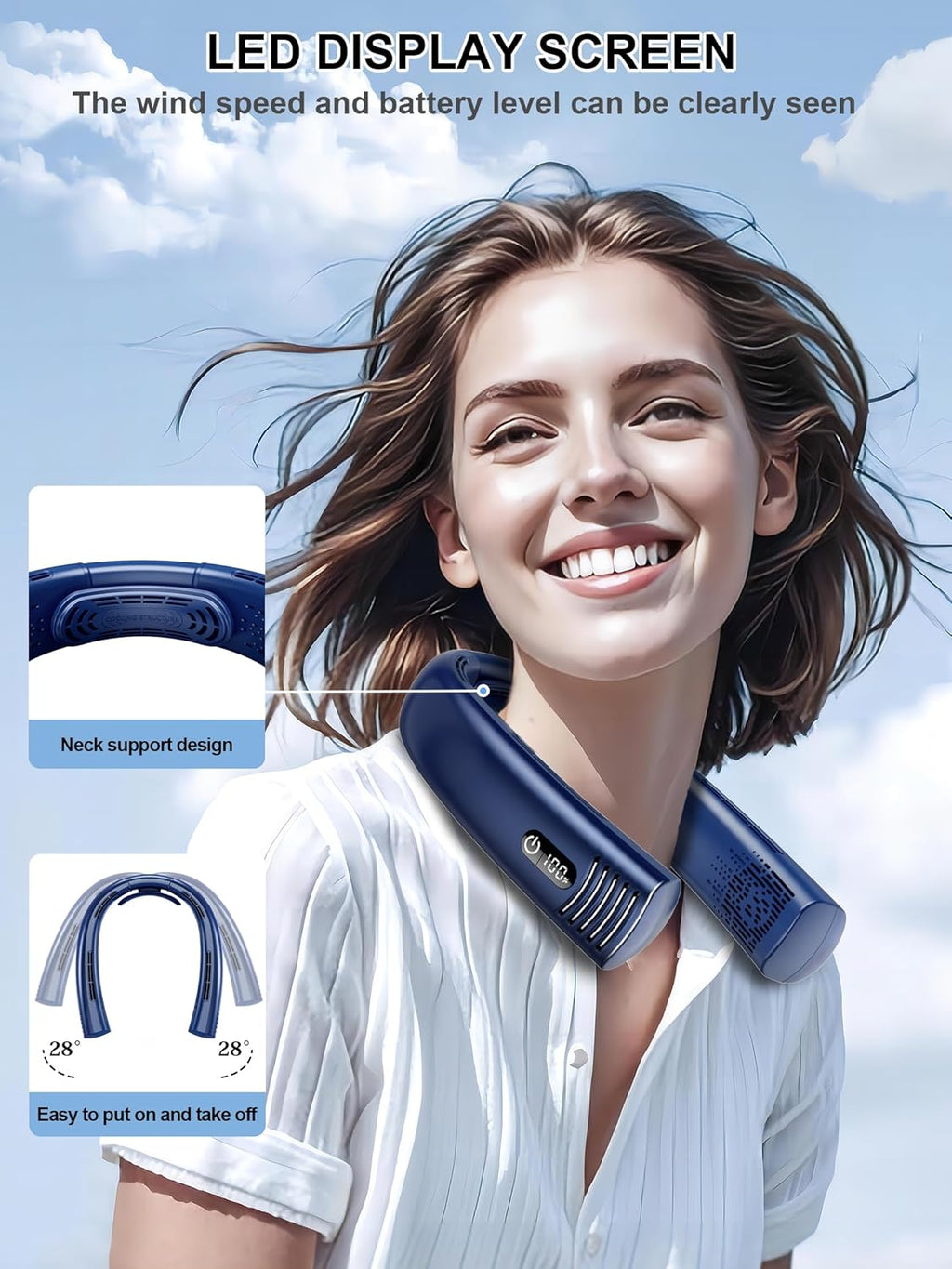 Portable Neck Fan Rechargeable 7000mAh, Bladeless 360° Airflow, Quiet Hands-Free Wearable Fan G136