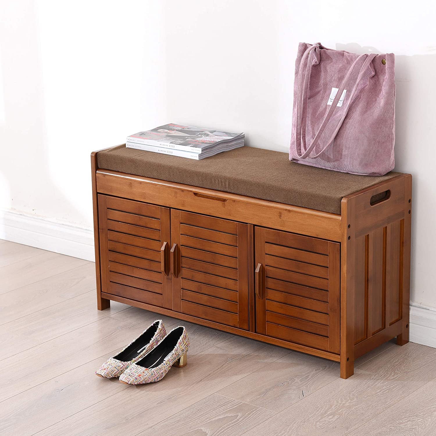 Shoe Storage Bench with Cushion and Hidden Compartment J984