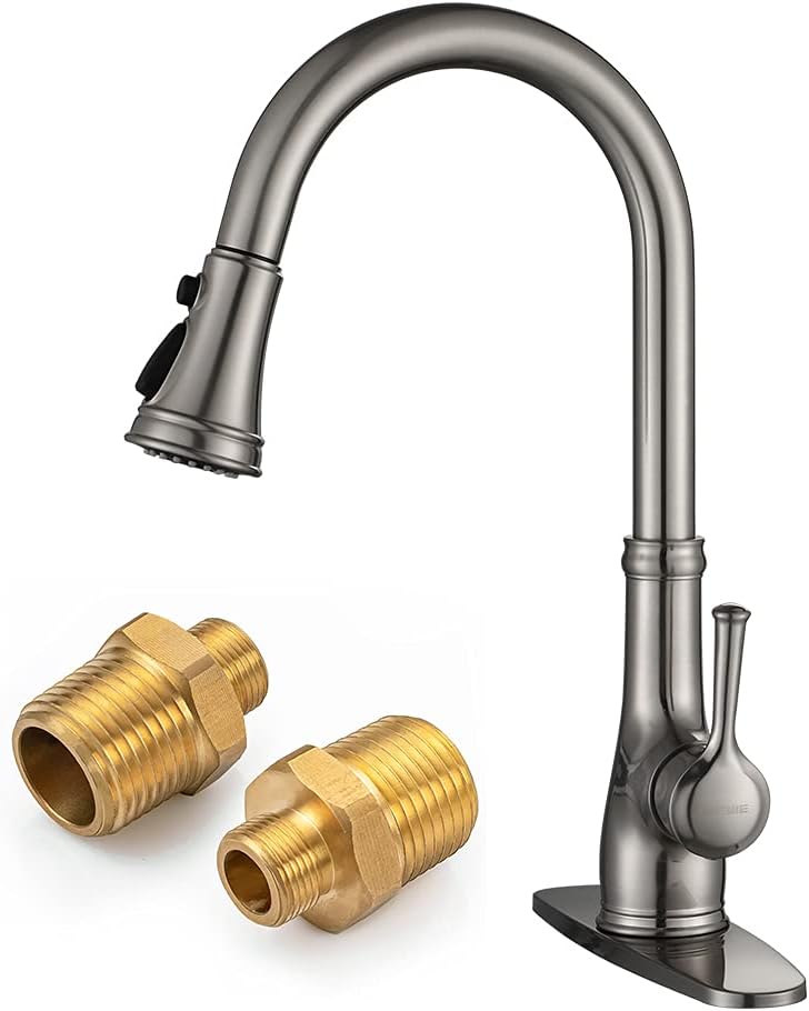 Kitchen Faucet-WEWE Single Handle Stainless Steel Brushed Nickel Pull Down Kitchen Sink Faucet with Pull Out Sprayer with 1/2 to 3/8 Adapter 2 Pieces