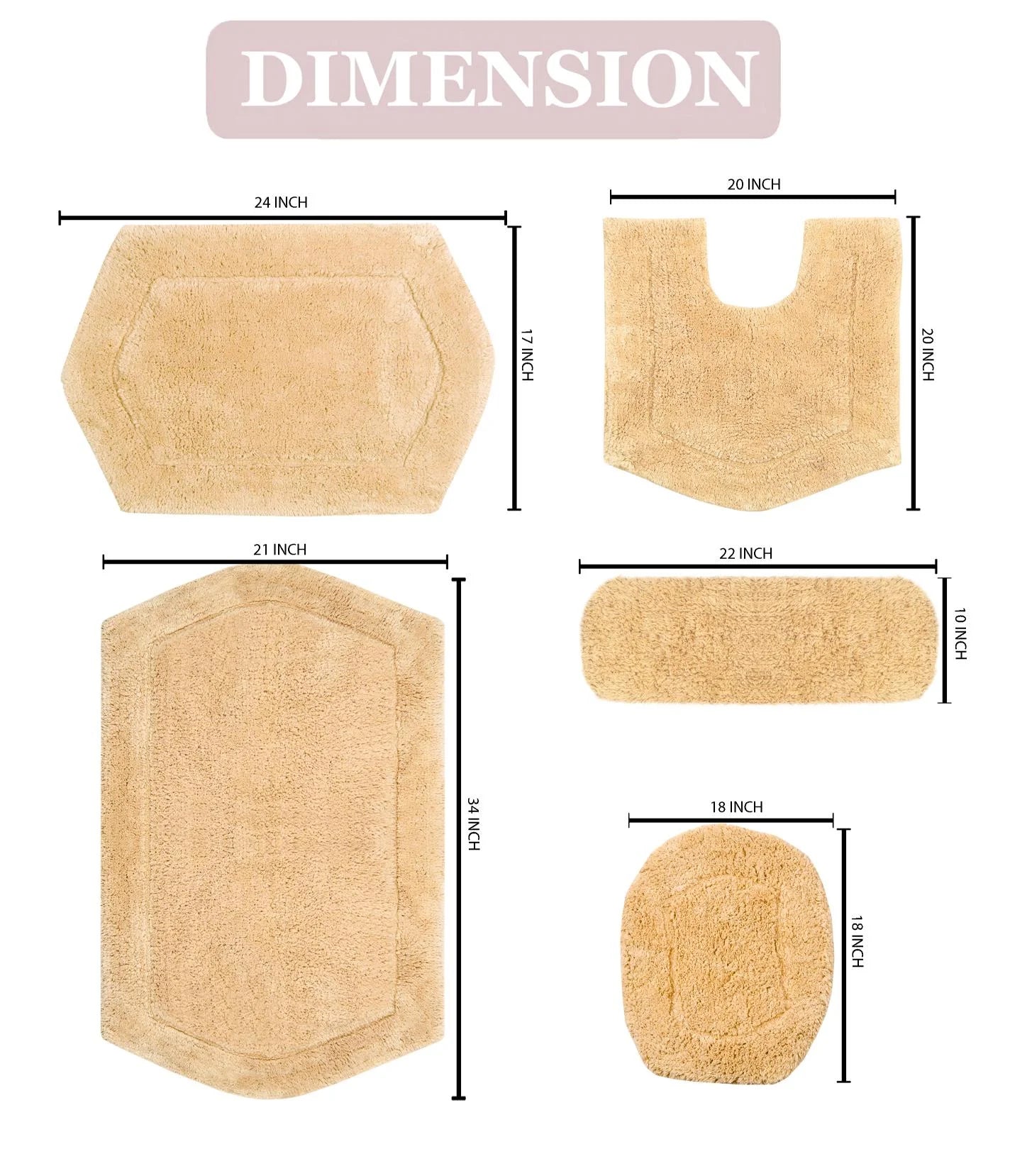 100% Cotton Tufted Bath Rug, Non-Slip, Machine Washable, 5 Piece Set J959366