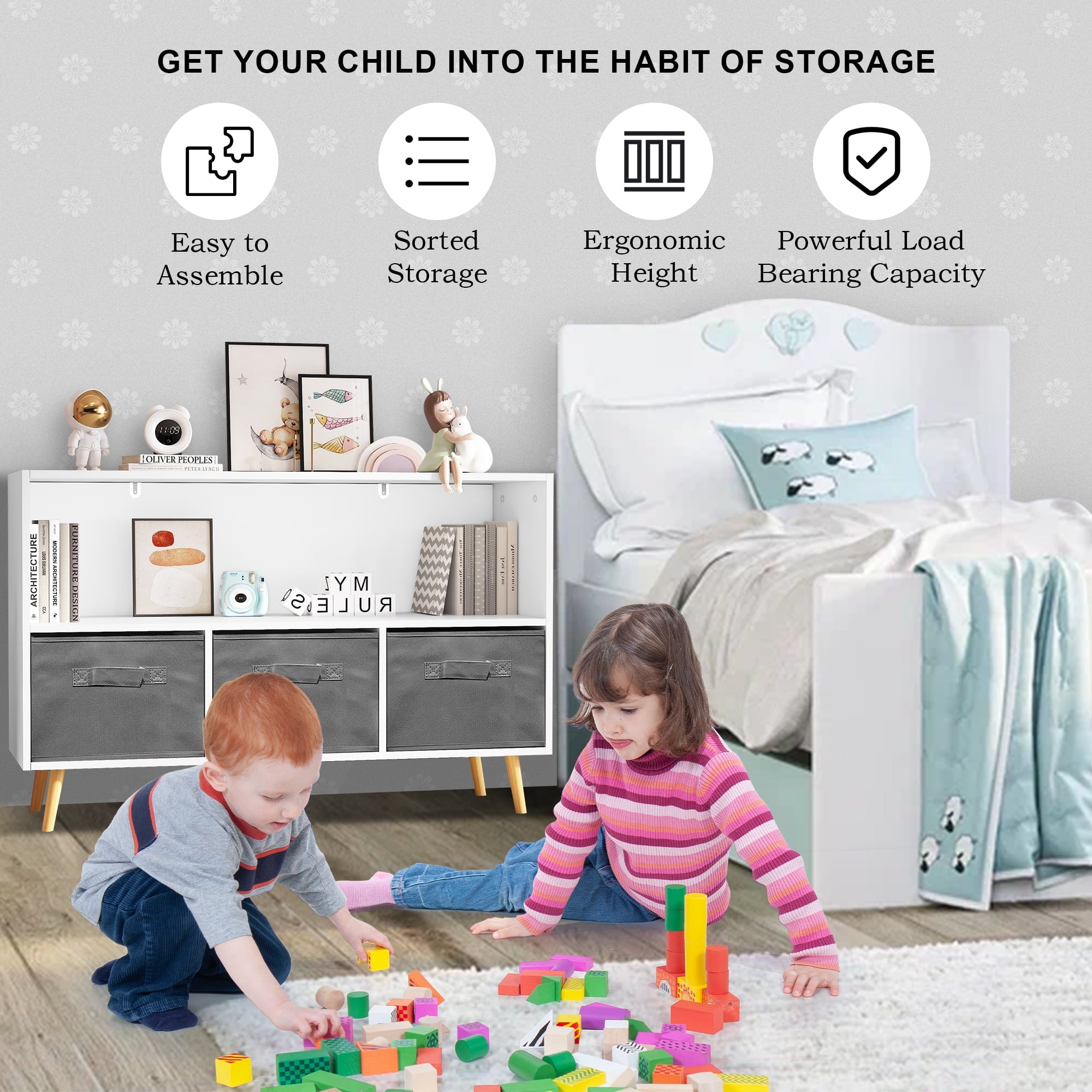 Kids Toy Storage Cabinet with Fabric Drawers Q16707