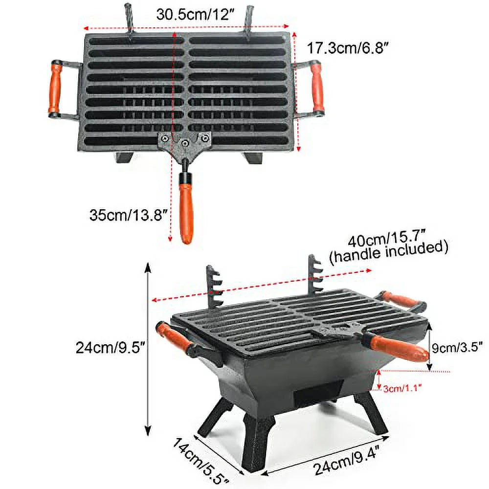 Small Cast Iron Charcoal Grill Stove with Gridiron, Tabletop BBQ Grill for Outdoor Cooking Q441