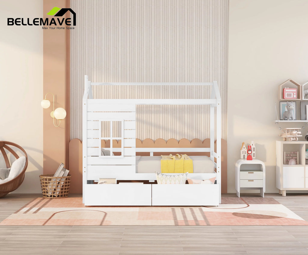 Twin Size House Bed with Drawers and Guard Rails O549