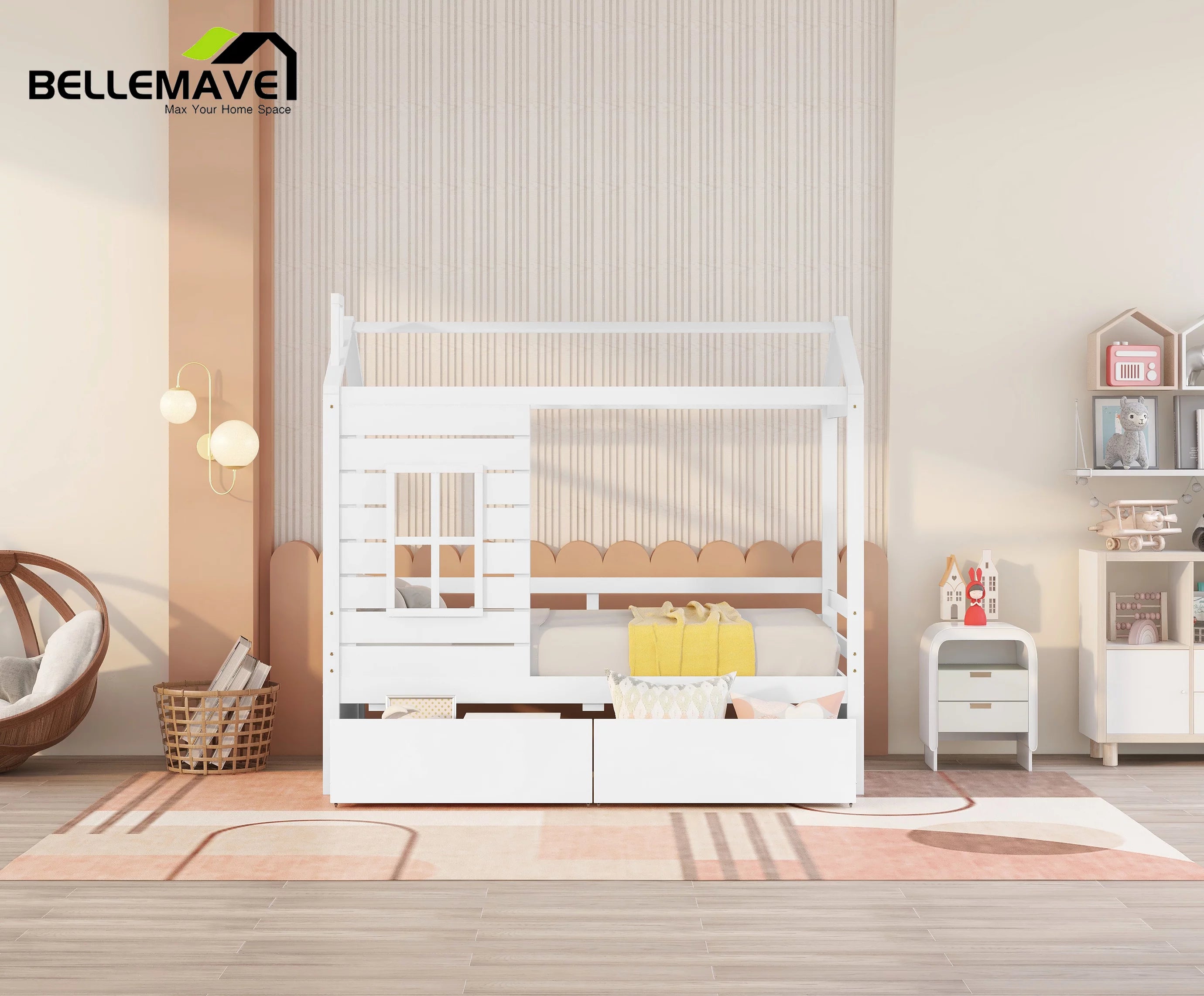 Twin Size House Bed with Drawers and Guard Rails O549