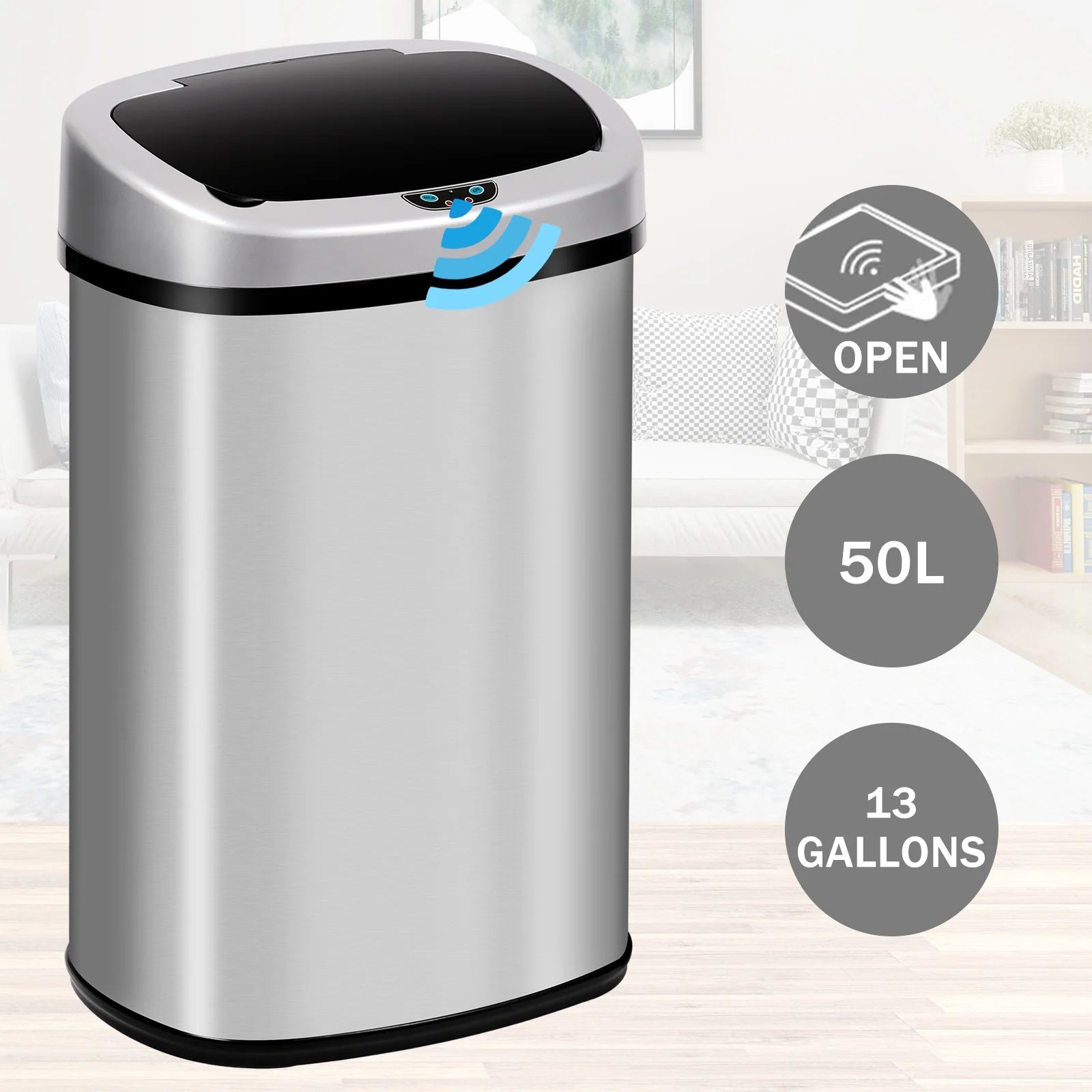 Kitchen Trash Can with Lid, 13 Gallon Stainless Steel, Motion Sensor, Silver Q1003