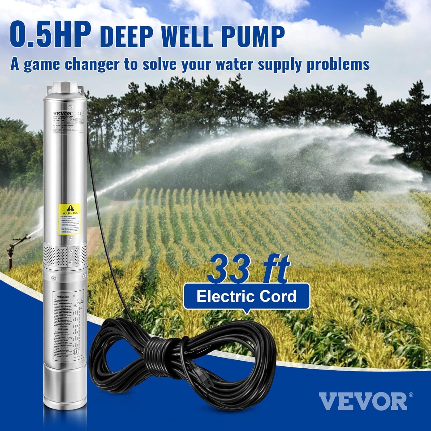 Deep Well Submersible Pump, 1HP 37GPM 207ft, Stainless Steel N18225