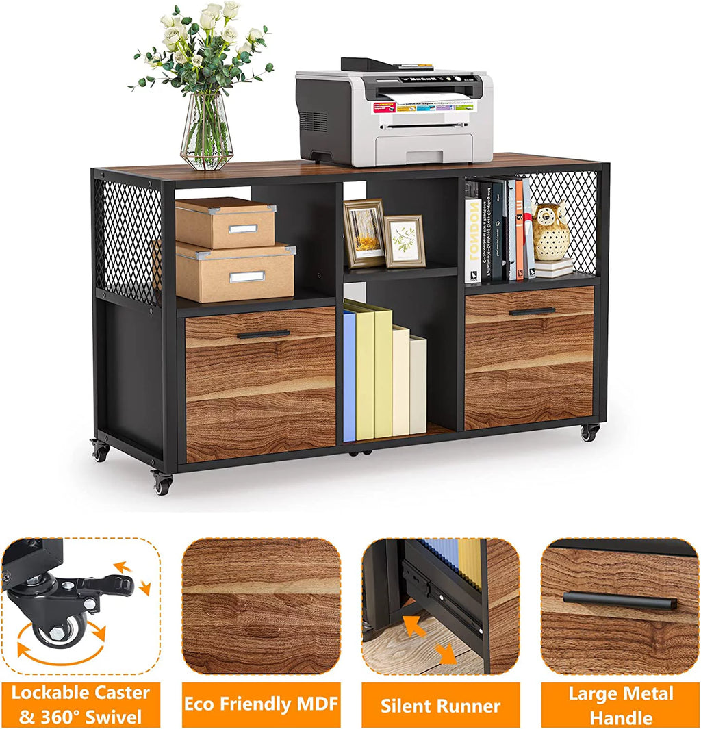 2 Drawer Wood File Cabinet, Mobile Lateral Filing Cabinet, Rustic Brown B224900