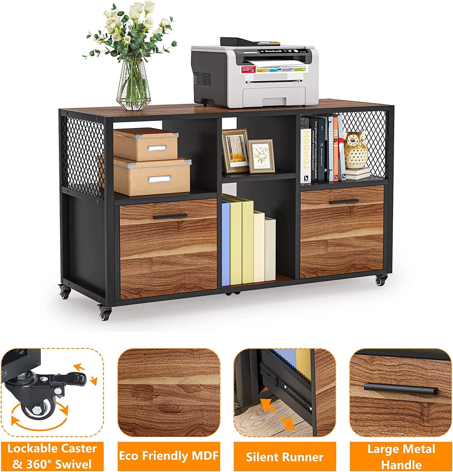 2 Drawer Wood File Cabinet, Mobile Lateral Filing Cabinet, Rustic Brown B224900