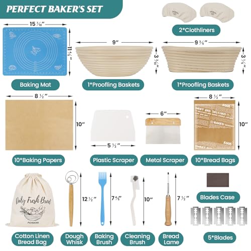 Bread Proofing Basket Set of 2, 9 Inch Round, Sourdough Starter Kit Q803899