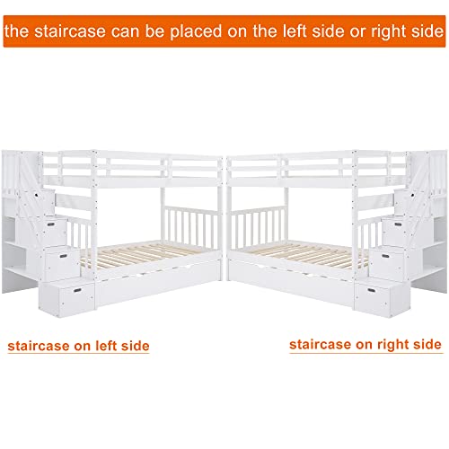 Twin Over Twin/Full Bunk Bed with Trundle and Drawers, Solid Wood Staircase T72769
