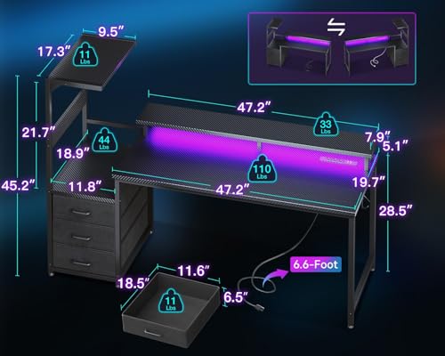 Gaming Desk with USB Charging Ports & LED Light, Reversible Computer Desk with Storage Shelves T781