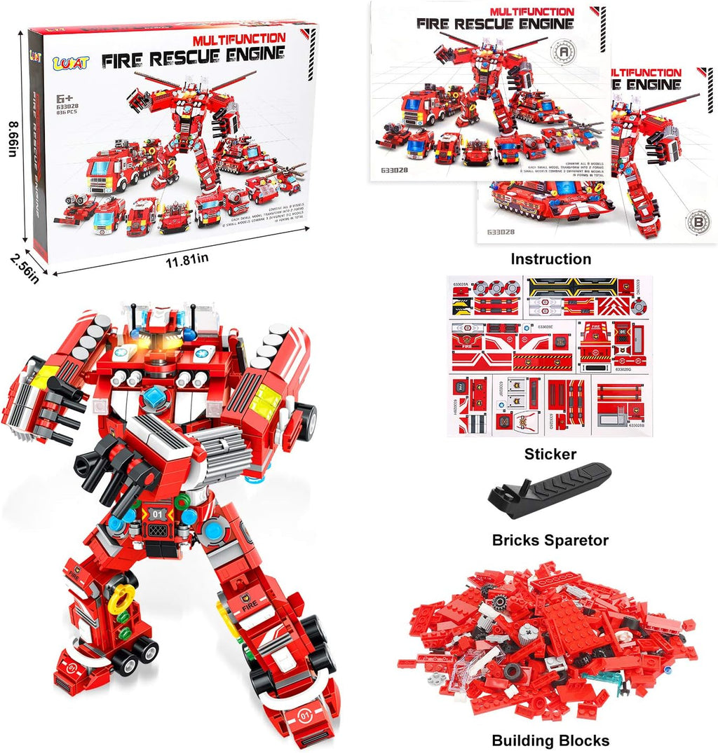 Robot Building Toys for Boys Age 6-10+, 836 PCS Construction Truck Blocks, STEM Educational Fire Rescue Vehicles Kit A89315