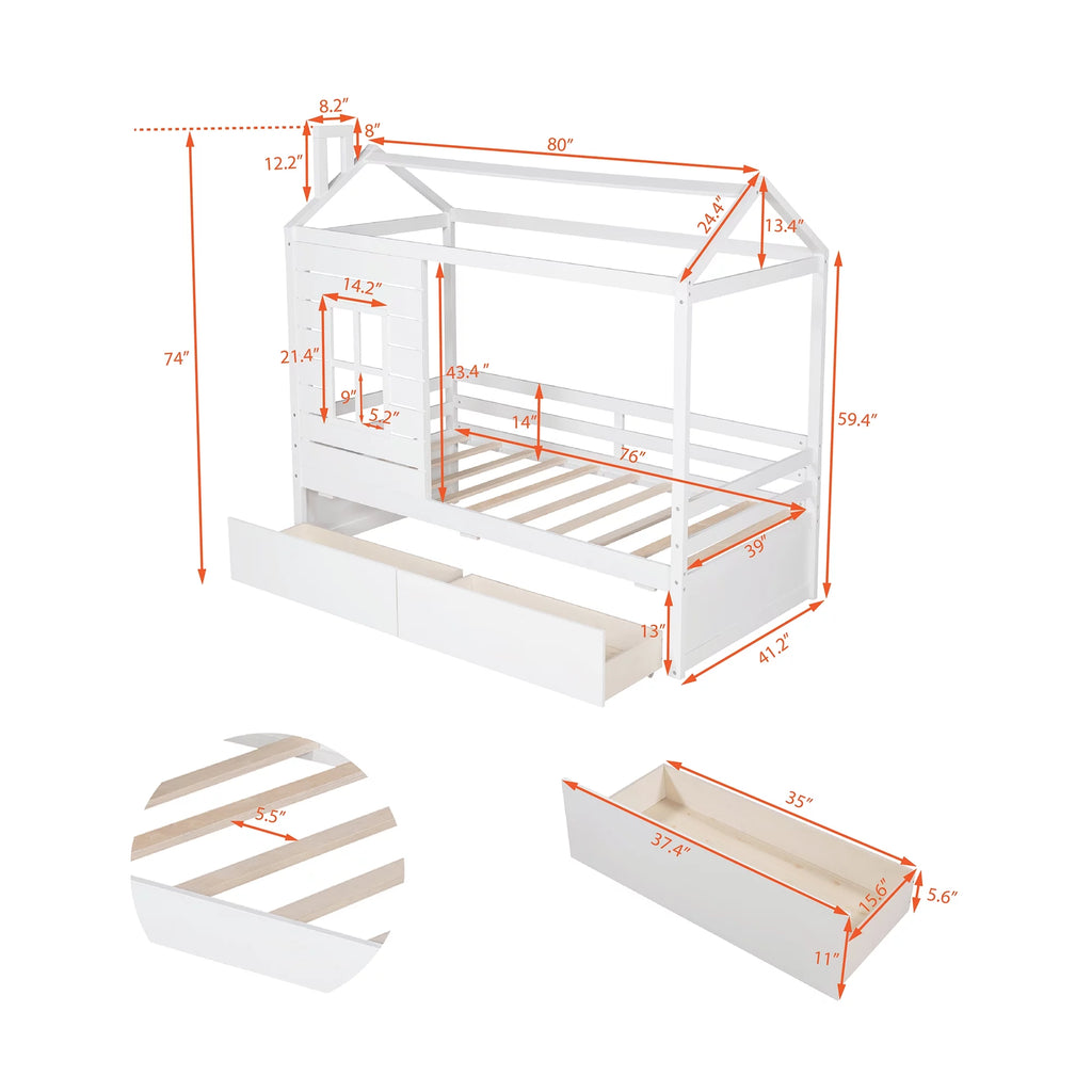 Twin Size House Bed with Drawers and Guard Rails O549