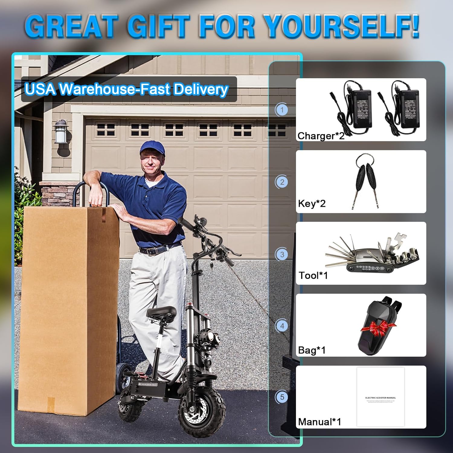 Electric Scooter for Adults with Seat, 50 MPH, 60+ Miles Range, Foldable, 11" Fat Tires V7253