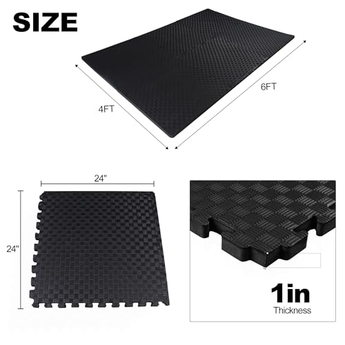Interlocking Foam Gym Flooring Mat, 1 Inch Thick, 6 Tiles, Black C4472