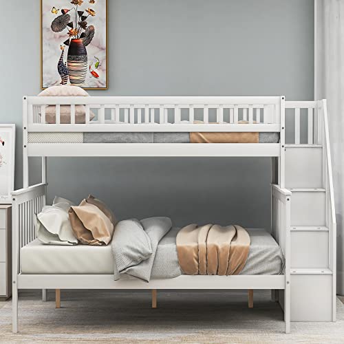 Twin Over Twin/Full Bunk Bed with Trundle and Drawers, Solid Wood Staircase T72769