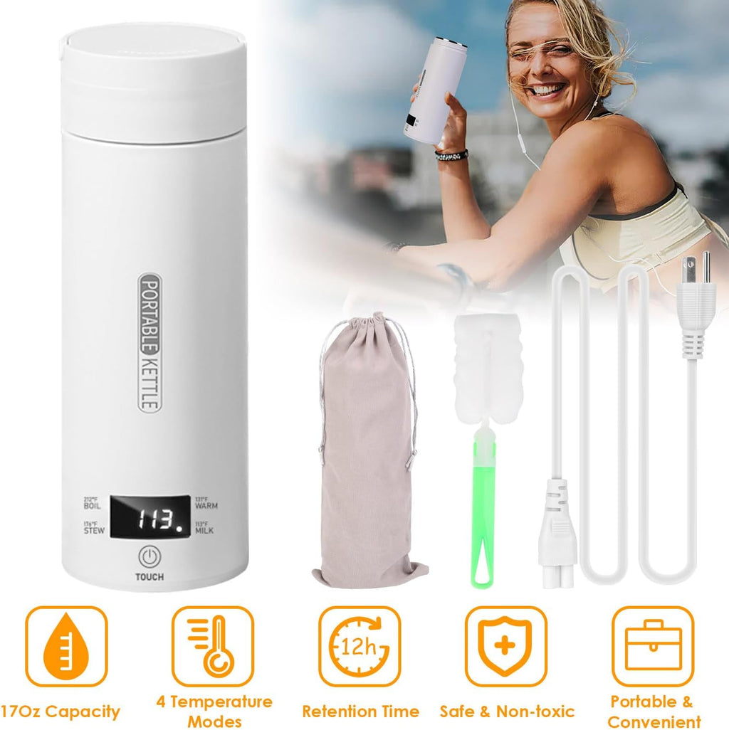 Portable Electric Kettle 500ML Stainless Steel with Auto Shut-Off A571689