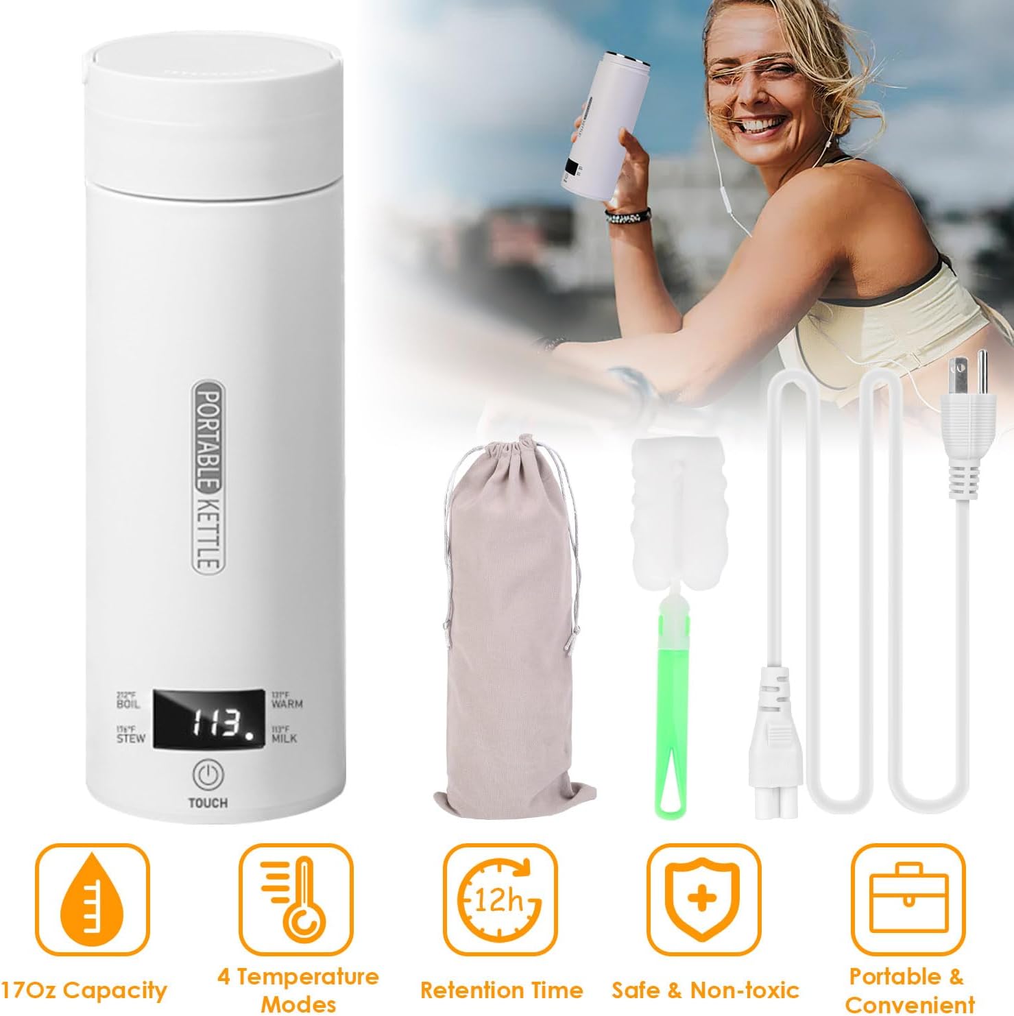 Portable Electric Kettle 500ML Stainless Steel with Auto Shut-Off A571689