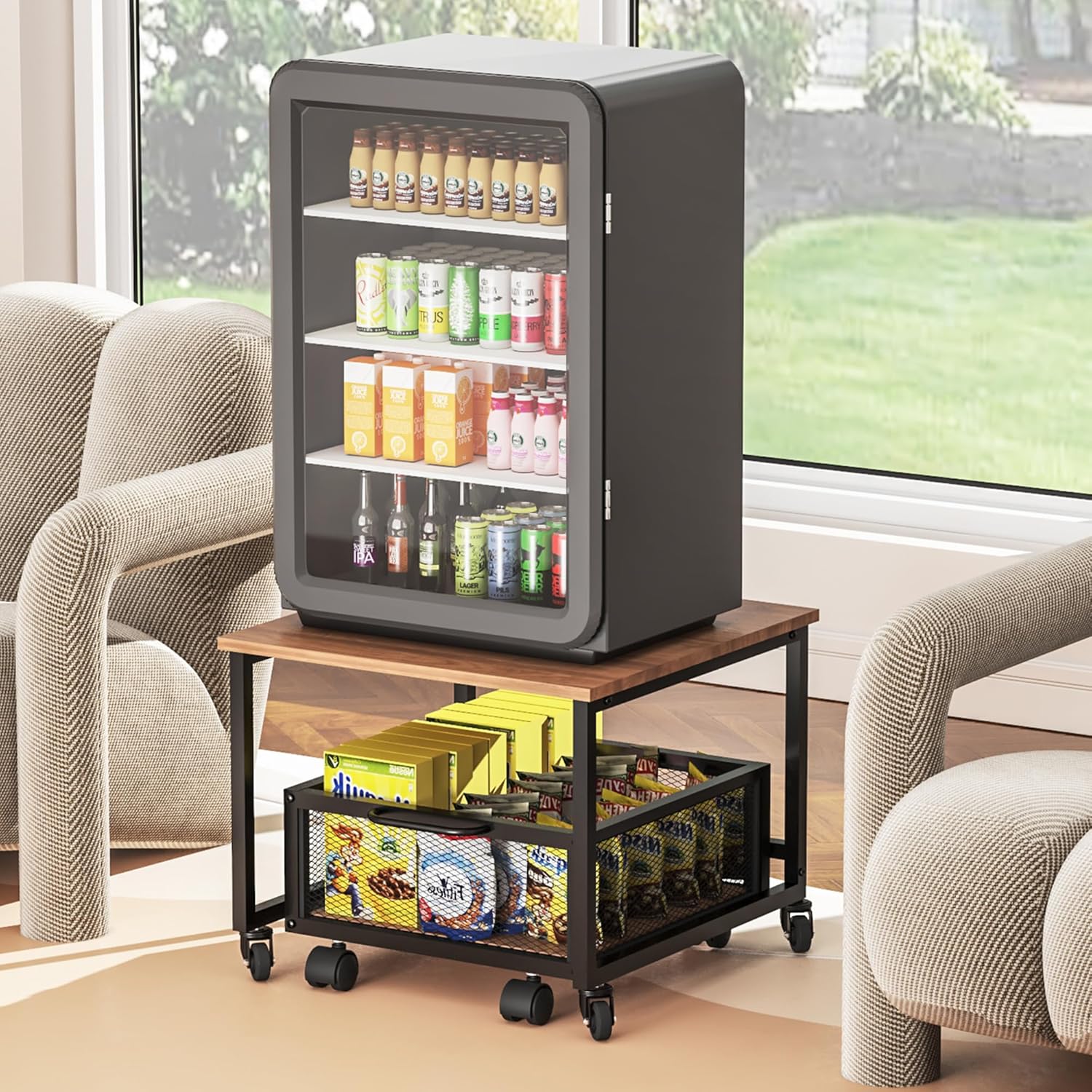 Mini Fridge Stand with Rolling Cart, 2 Lockable Wheels, Metal Basket Drawers H6415