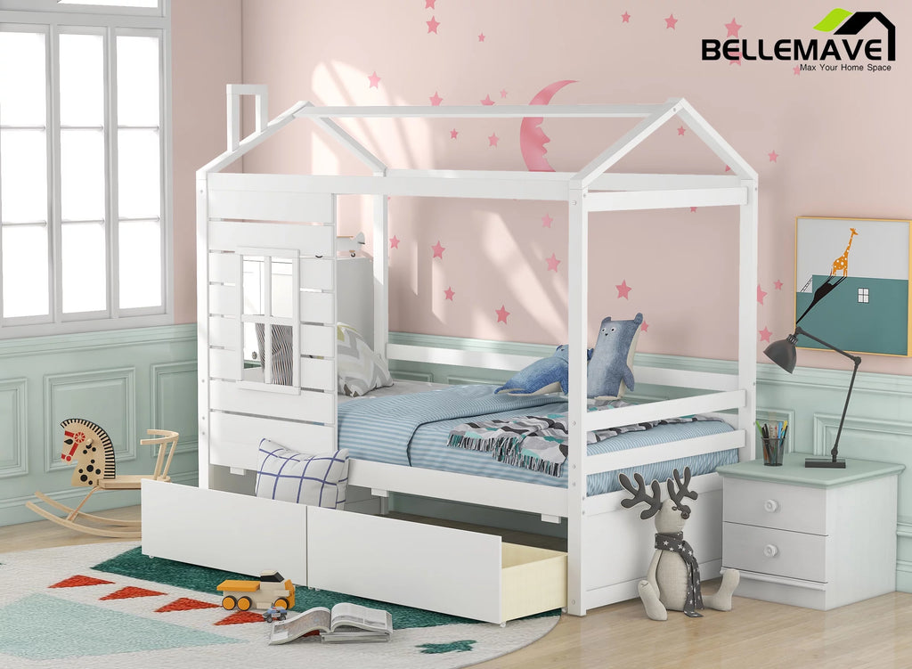 Twin Size House Bed with Drawers and Guard Rails O549
