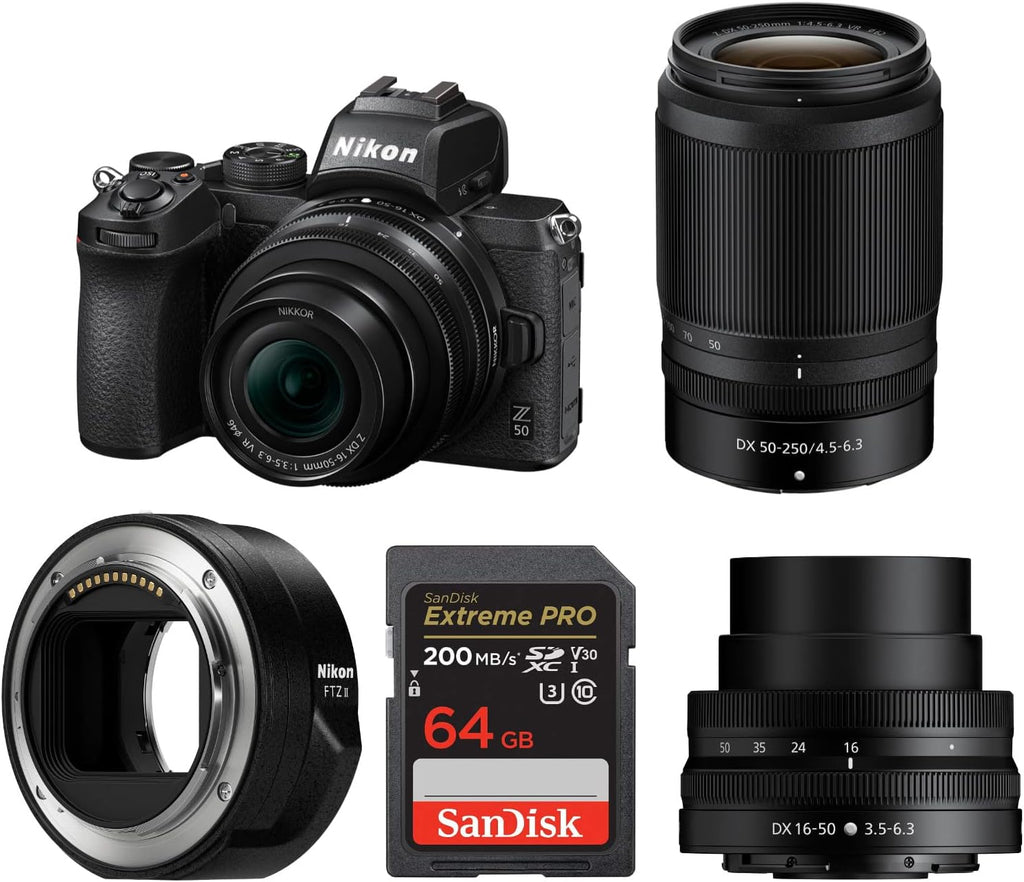 Nikon Z 50 DX-Format Mirrorless Camera Bundle with DX 16-50mm f/3.5-6.3 VR Lens, Z DX 50-250mm f/4.5-6.3 VR Lens, FTZ II Mount Adapter and 64GB Memory Card (5 Items)