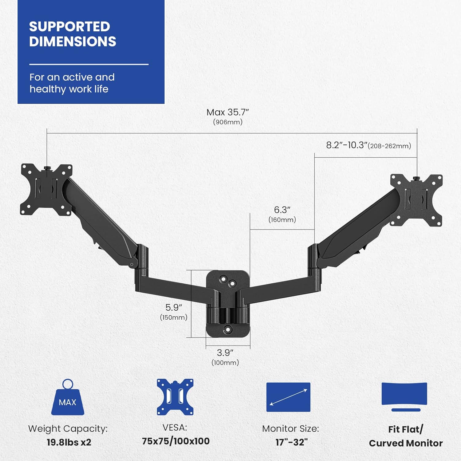 Dual Monitor Wall Mount, Gas Spring Arm for 17-32 Inch Screens, Full Motion Adjustable, Black T1803