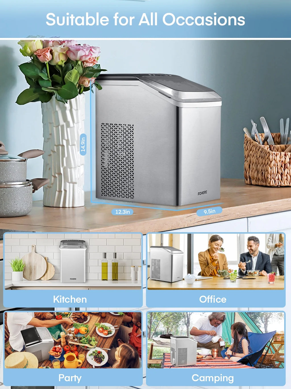 Nugget Ice Maker Countertop, Self-Cleaning, Stainless Steel, Portable with Ice Scoop and Basket S569181