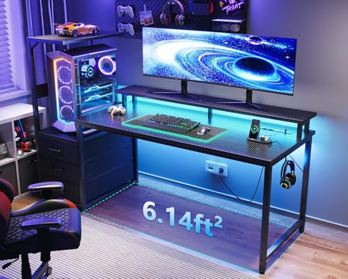 Gaming Desk with USB Charging Ports & LED Light, Reversible Computer Desk with Storage Shelves T781