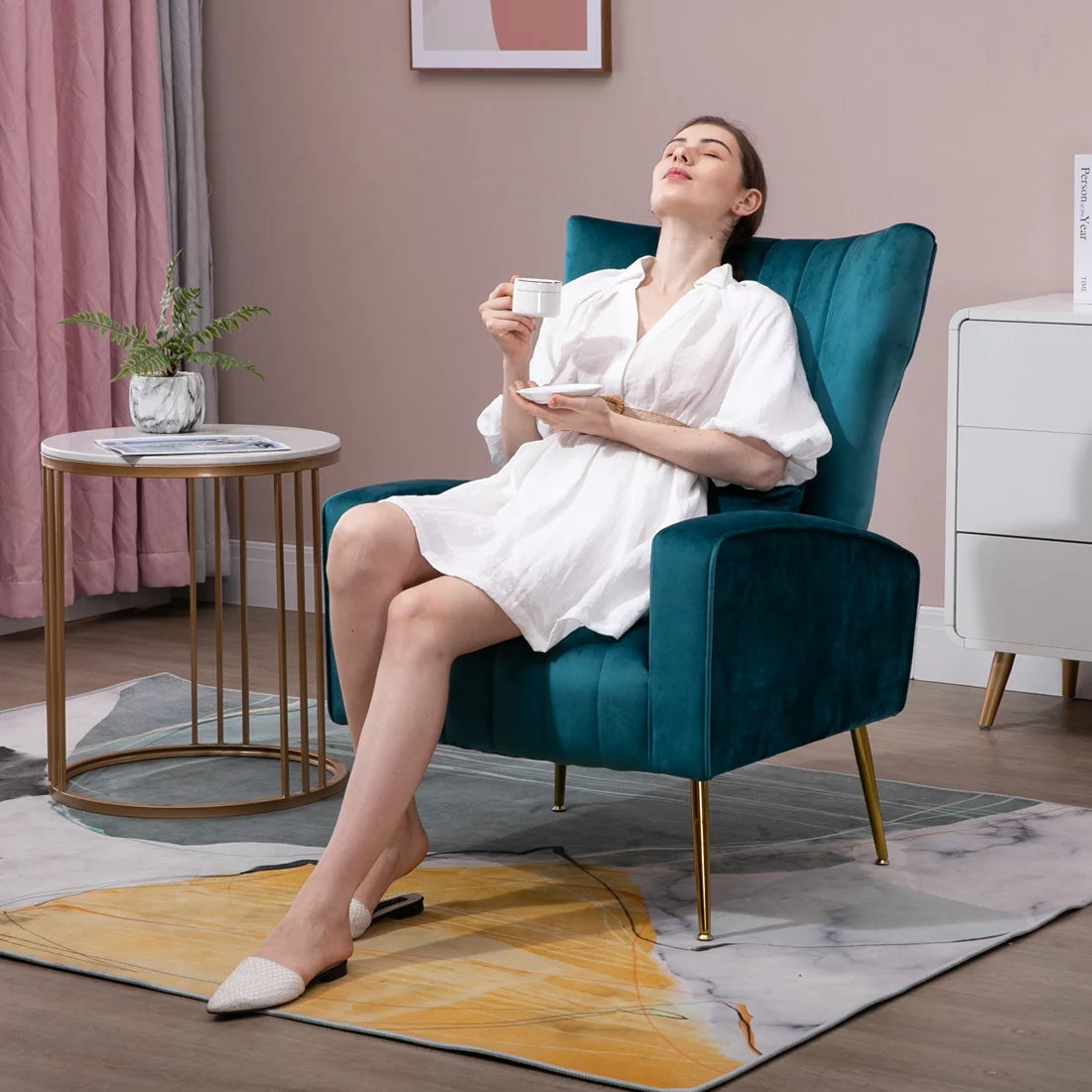 Velvet Accent Chair Set of 2 with Lumbar Pillow, High Back, Golden Metal Legs, Blue Teal L870787