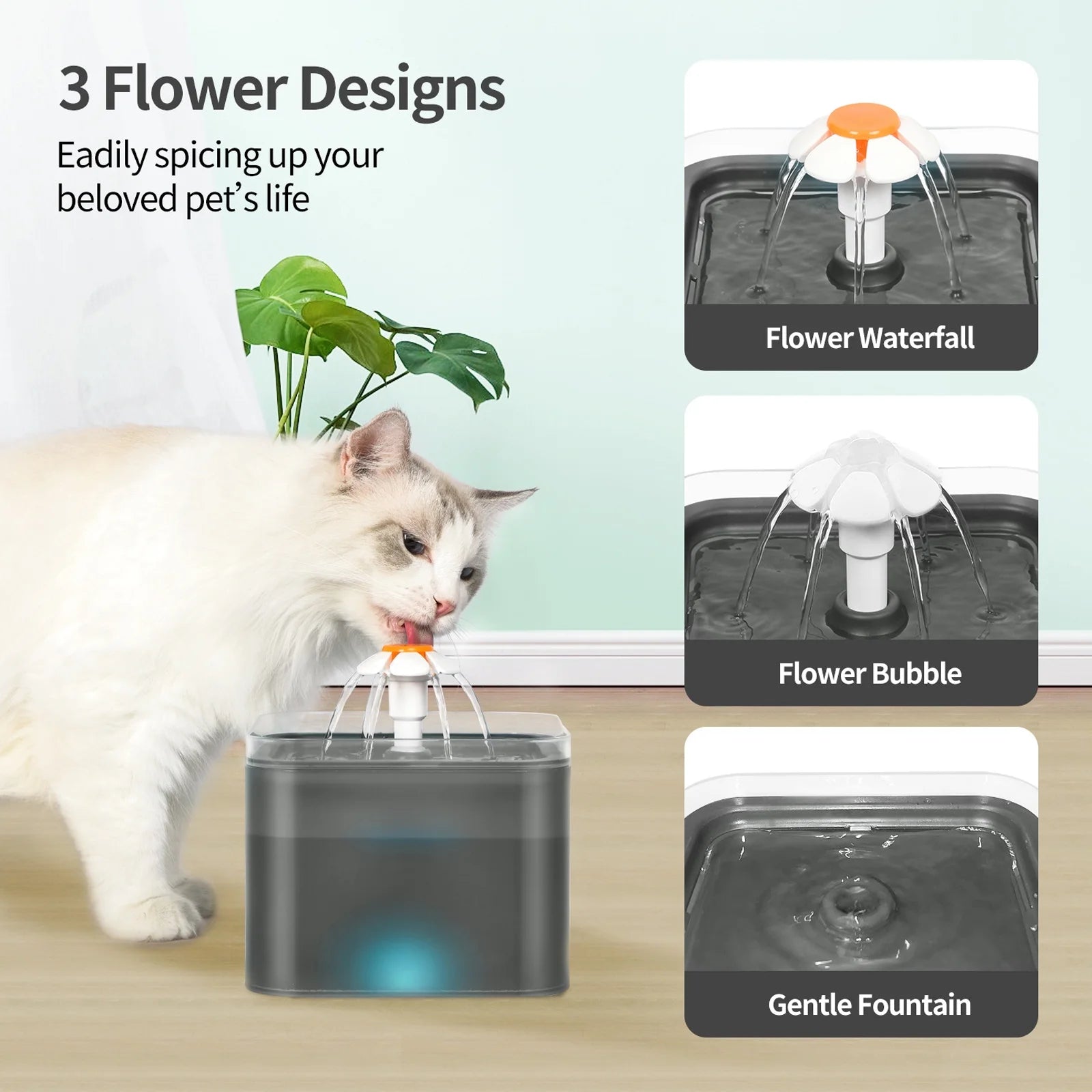 Cat Water Fountain 2L with Replacement Filters, Quiet Pump, Black Z925082