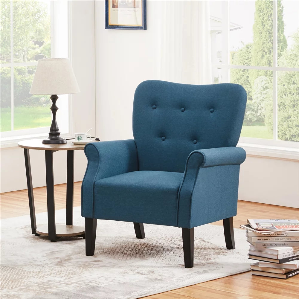 Modern Upholstered Accent Chair with Wooden Leg, Navy Blue Q80234