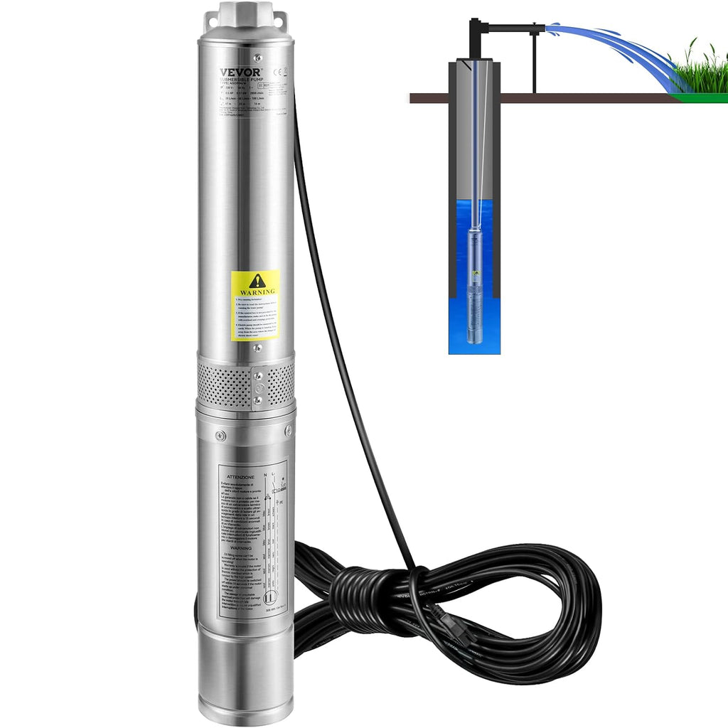 Deep Well Submersible Pump, 1HP 37GPM 207ft, Stainless Steel N18225