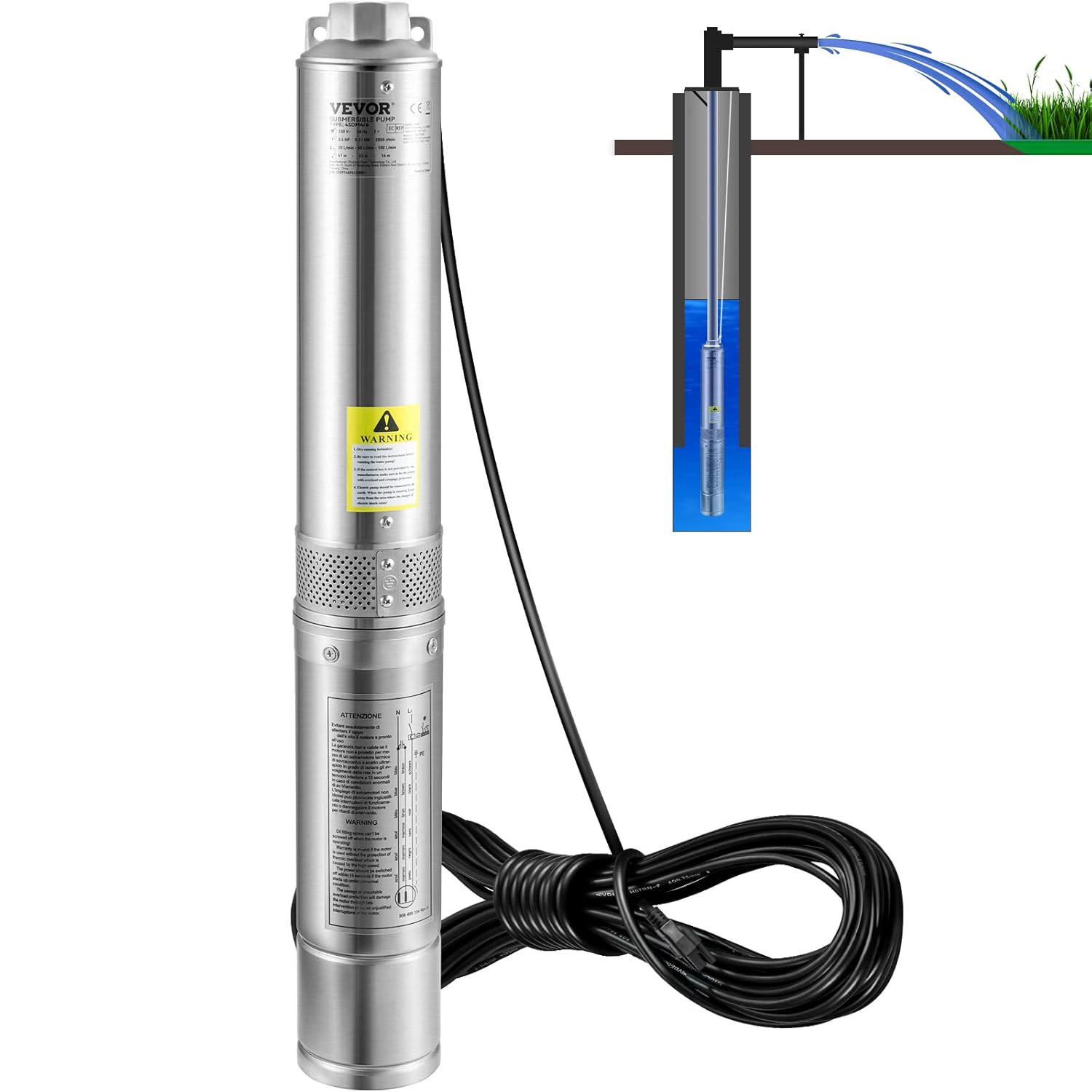 Deep Well Submersible Pump, 1HP 37GPM 207ft, Stainless Steel N18225