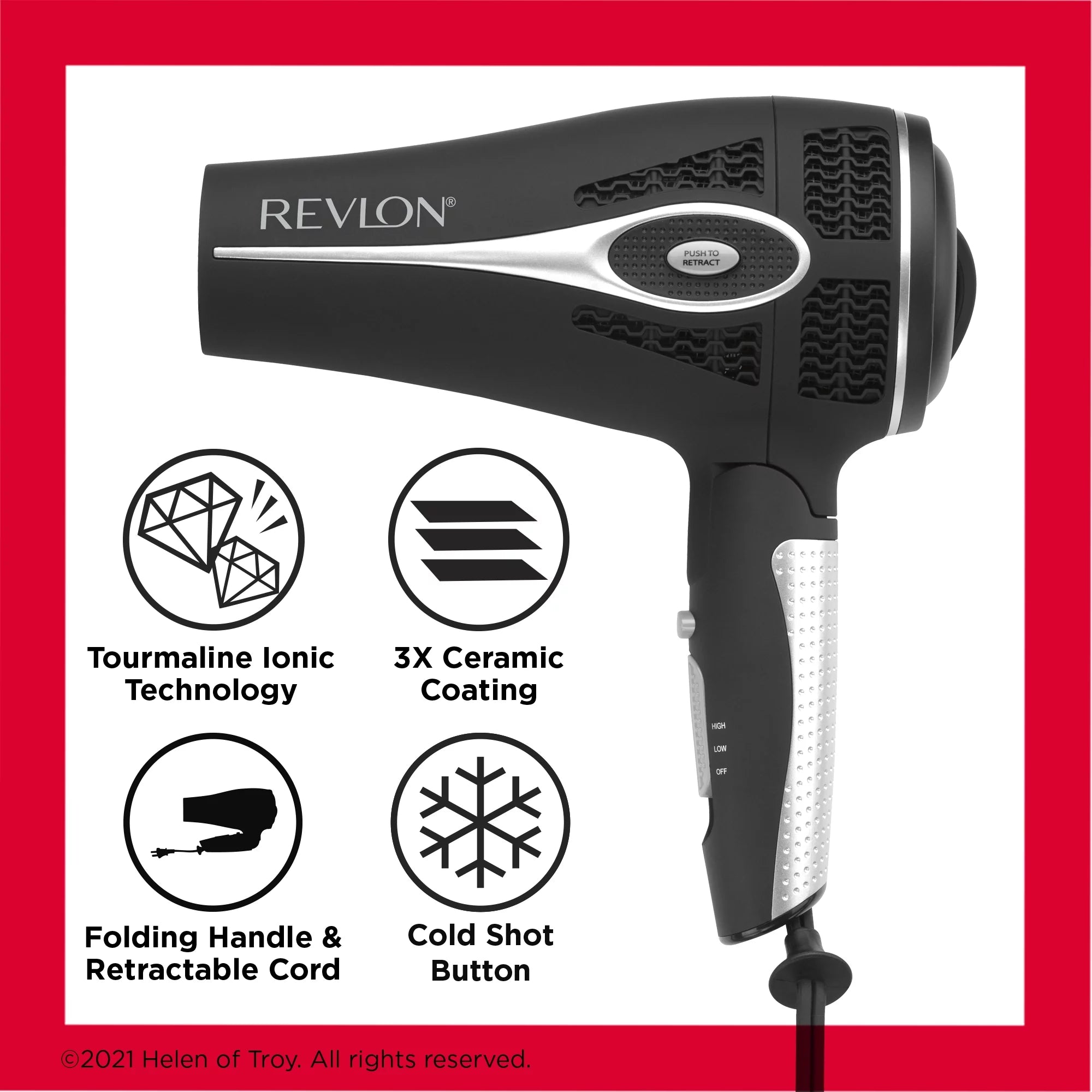 Ceramic Hair Dryer with Retractable Cord, Black C6788