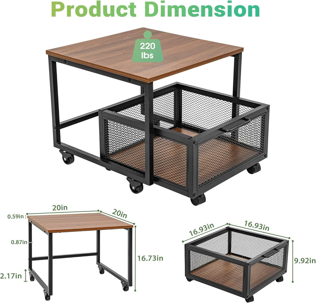 Mini Fridge Stand with Rolling Cart, 2 Lockable Wheels, Metal Basket Drawers H6415