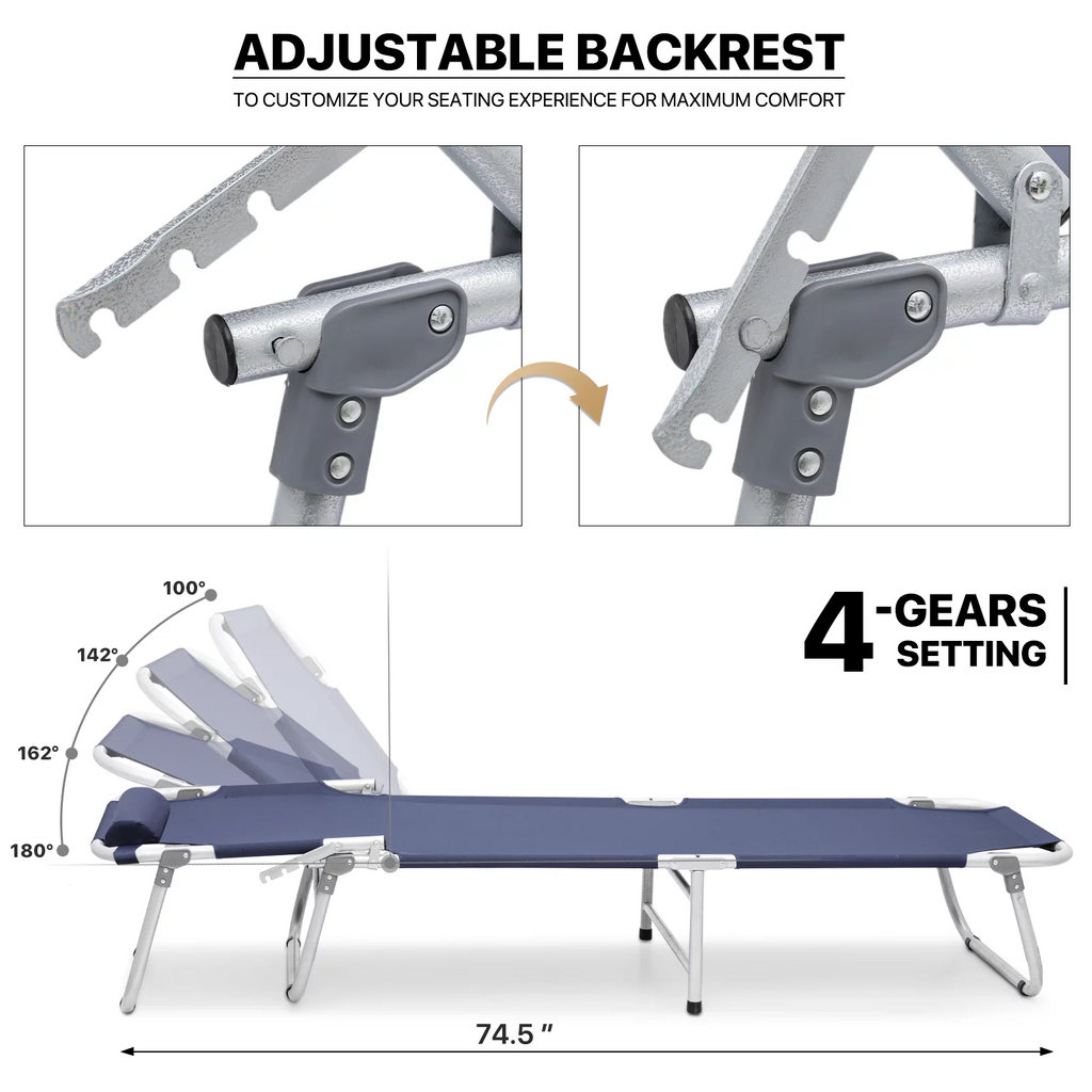 Portable Folding Bed Reclining Lounger Camping Cot with Pillow and Carry Bag J26660