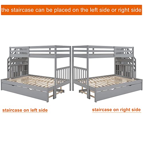Twin Over Twin/Full Bunk Bed with Trundle and Drawers, Solid Wood Staircase T72769