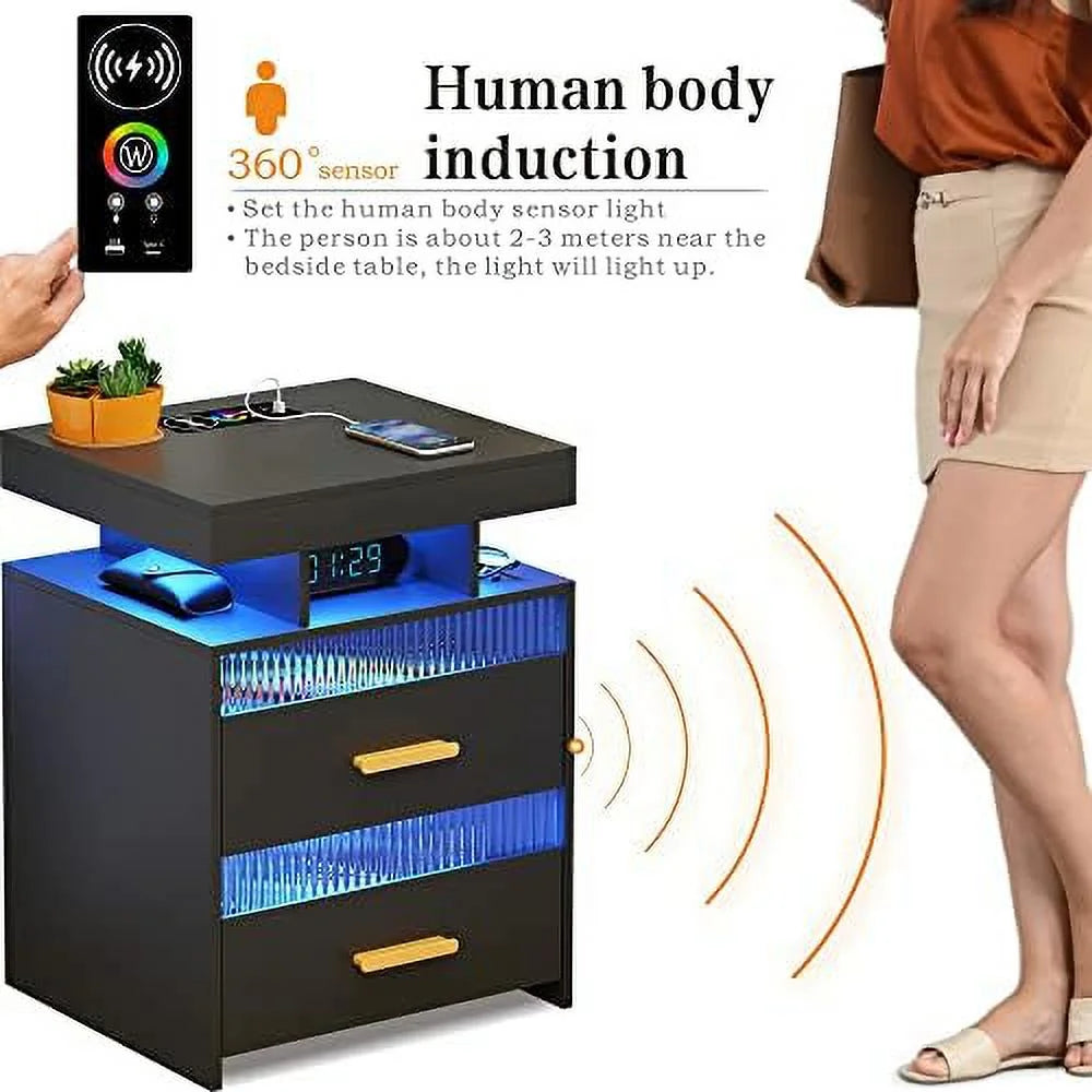 Nightstands Set of 2 with Charging Station and LED Lights I82647