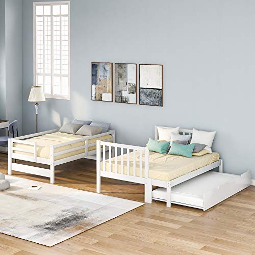 Twin Over Twin/Full Bunk Bed with Trundle and Drawers, Solid Wood Staircase T72769